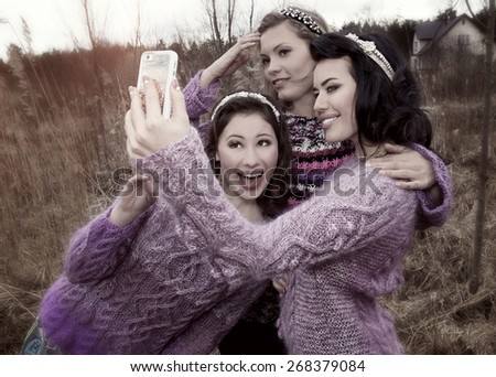 Three women do the selfie,female holiday