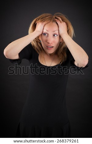 beautiful woman doing different expressions in different sets of clothes: headache