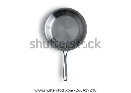 Close up One Clean Steel Kitchen Frying Pan Isolated on a White Background with Copy Space. Royalty-Free Stock Photo #268419230