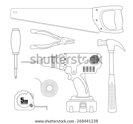 Renovation instruments set. Hacksaw, pliers, screwdriver, drill, insulating tape, measuring roulette, hammer. Vector linear illustrations isolated on white