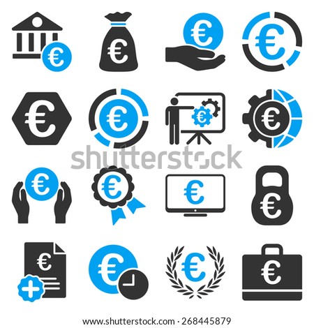 Euro financial business and banking icons. These symbols use modern corporate light blue and gray colors.