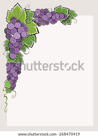 Corner border with dark grape. Frame element with bunches of grapes in corner of decorative border. Copy space. Template for card, menu or poster. Vector file is EPS8.