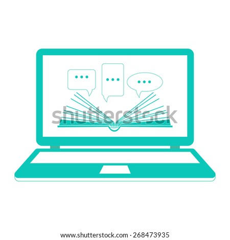Vector illustration. Reading e-books. On line learning. Open book paper with speech clouds on the laptop. Flat design.