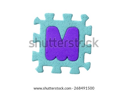 Alphabet puzzle pieces on white background.  The letter "M" is a set of alphabet made in the form of a puzzle, isolated on white background. Easy to cut, many colors