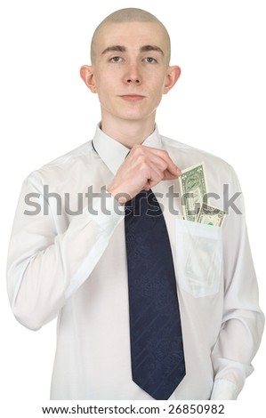 The man in a white shirt with money in a pocket