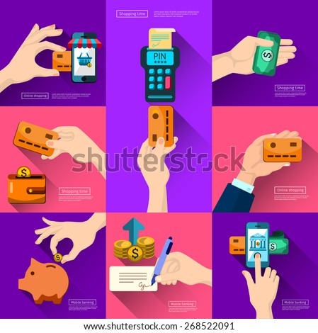 Mobile banking. Icons shop online, business icons in flat design. App icons, web ideas business connection and relations. Handshake, banking and e-business,  iPhone illustration. piggy 