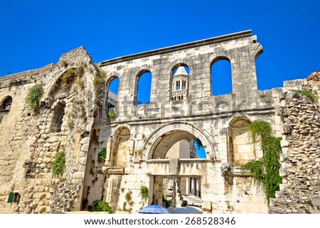 Ruins of historic city of Split, old walls and cathedral view, Dalmatia, Croatia Royalty-Free Stock Photo #268528346