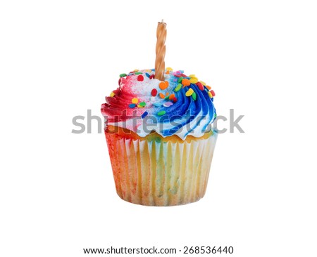 Close up isolated image of a frosted cupcake with candle. Fourth of July holiday concept with red, white and blue color frosting. 