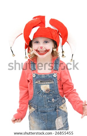 Little girl dressed as a happy buffoon.