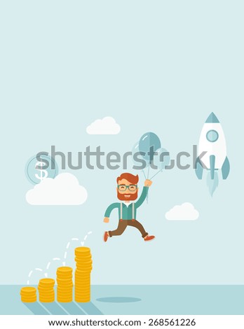 Businessman holding balloons fly high with coin graph that shows increase in sales. Start up business concept. A Contemporary style with pastel palette, soft blue tinted background with desaturated