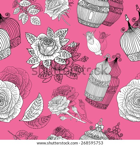 Seamless background with vintage cages, blooming roses and leaves, romantic illustration with hand drawn elements