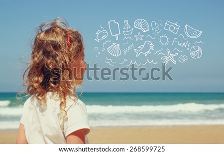 back view of cute girl imagine  with set of infographics over beach and sea background 