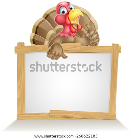 Cartoon turkey bird sign with cartoon turkey bird pointing at sign and giving a thumbs up