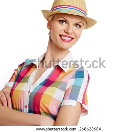 Summer blonde in hat isolated on white background