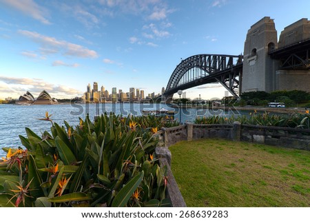 Sydney harbour bridge blue sky and clouds with lawn and garden on the forground  view from Milsons point  Royalty-Free Stock Photo #268639283