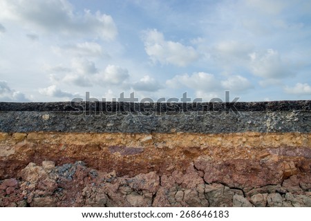 The curb erosion from storms. To indicate the layers of soil and rock. Royalty-Free Stock Photo #268646183