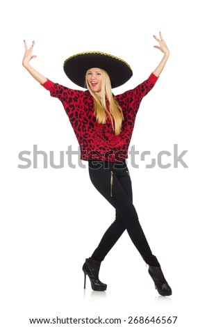 Funny mexican woman wearing sombrero isolated on white