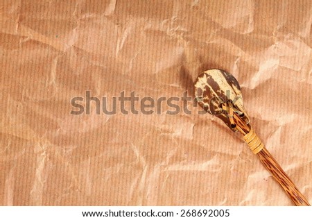 The tea spoon natural made from coconut shell put on the brown rough paper as a background represent the natural kitchenware concept related idea.
