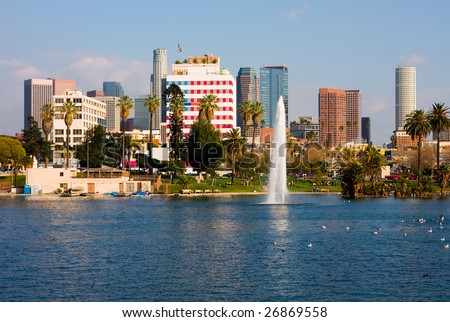 Los Angeles downtown next to a lake
