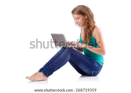Pretty girl using laptop isolated on white