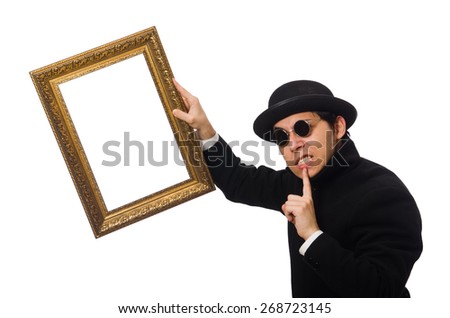 Young man holding frame isolated on white