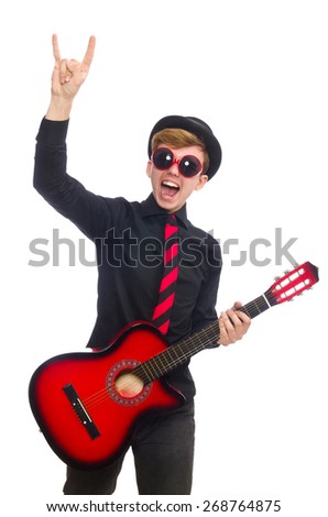 Positive boy with guitar isolated on white