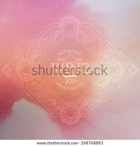 vector illustration with ornate art-deco wine label on watercolor background. graceful line art-deco design element. package template
