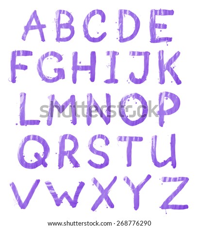 Full ABC alphabet letter set of 26 characters hand drawn with the oil paint brush strokes, isolated over the white background