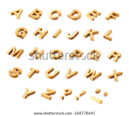 Capital wooden block letter ABC alphabet set including multiple punctuation symbols isolated over the white background