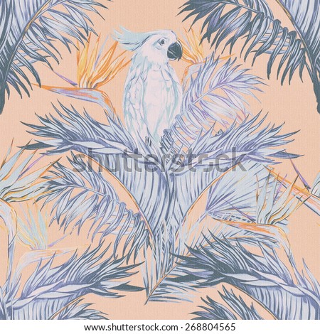  Beautiful seamless vintage floral jungle pattern background. Parrot, tropical flowers, palm leaves and plants, bird of paradise flower, exotic print