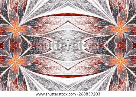 Symmetrical flower pattern in stained-glass window style on light. Beige, orange and brown palette. Computer generated graphics.