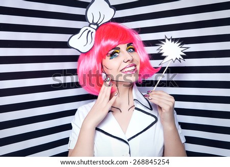 Photo of smiling young woman with talk bubble and professional comic pop art make up and accessories