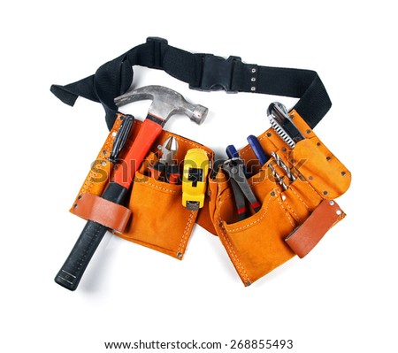 toolbelt with various tools isolated on white Royalty-Free Stock Photo #268855493