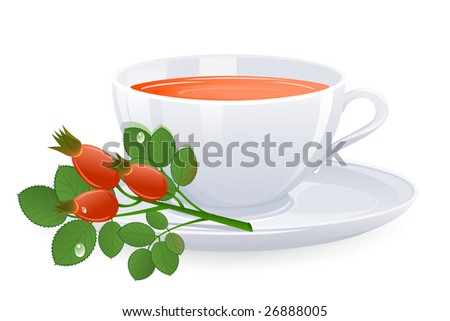 Cup of tea with branch of rose-hips. Vector-Illustration