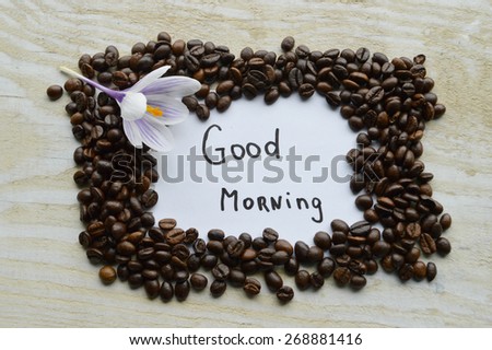 sheet of  paper with the words good morning, spring flowers, pen, wishes.frame of coffee