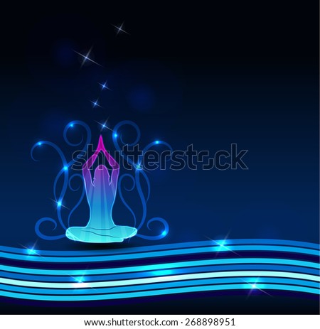 Woman meditate. Beautiful blue background, lines, swirly flowers and sparkling lights.