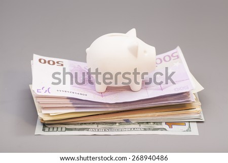piggy bank on  banknotes on gray background