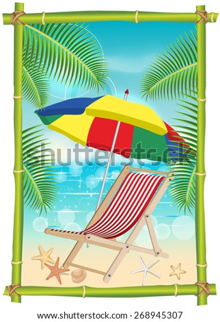 beach background with beach chairs and umbrella