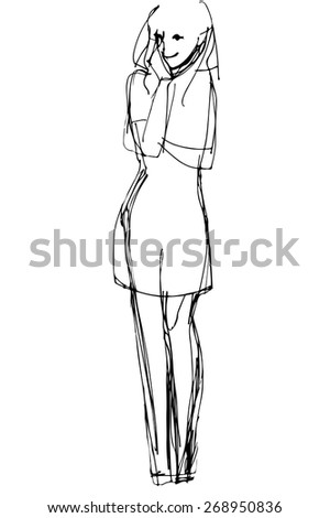 lack and white vector sketch of a girl who was shya