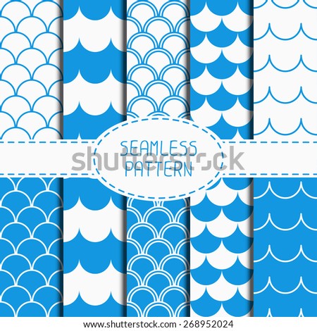 Set of seamless retro vintage blue marine geometric line pattern. Tiling. Collection of wrapping paper. Scrapbook. Wave background. Graphic texture for design for wallpaper. Vector illustration.
