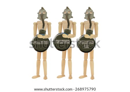 Mannequins wearing Gas mask holding green buttons: Polluted, Pollution, Polluted Air isolated on white background