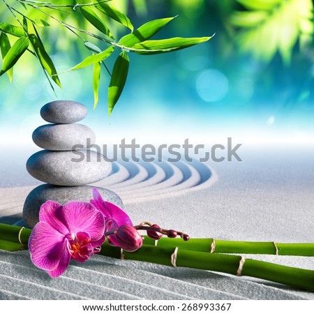 sand, orchid and massage stones in zen garden
