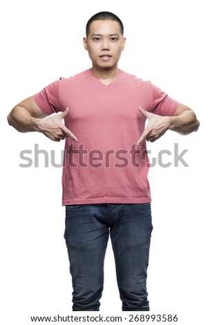 Pink t-shirt on a young man isolated on the white background-Studio shot ready for your own graphic.