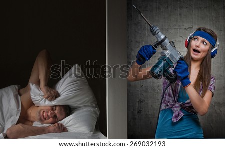 Man at night can't fall asleep because of the noisy neighbor Royalty-Free Stock Photo #269032193