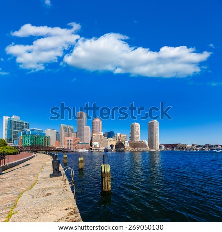 Boston skyline from Fan Pier at sunlight in Massachusetts USA