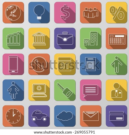 Thin line flat business web icons & symbols. Set of isolated colorful buttons with shadows. Vector illustration