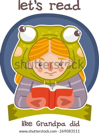 girl dressed as a frog diligently reading a book