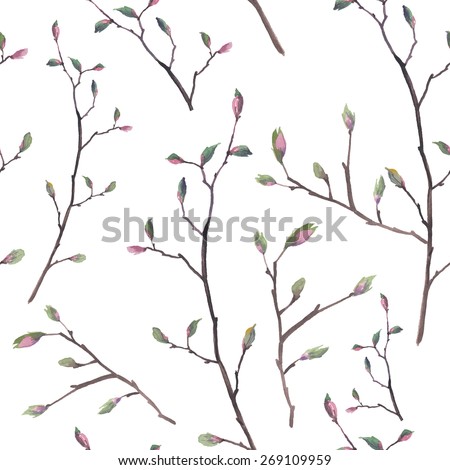 Watercolor twigs pattern. Seamless floral texture with branches, flower buds and leaves. Vector spring repeating background Royalty-Free Stock Photo #269109959