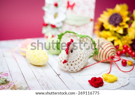 Close up picture on set of colorful eggs and gift decorations