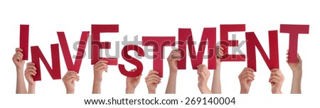 Many Caucasian People And Hands Holding Red Letters Or Characters Building The Isolated English Word Investment On White Background
